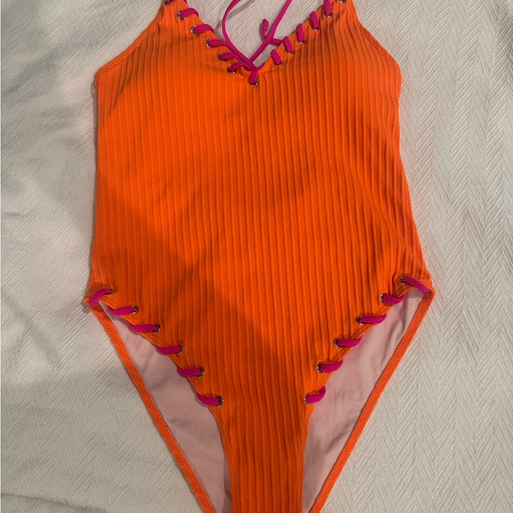 Orange Ribbed One-Piece Swimsuit with Pink Trim